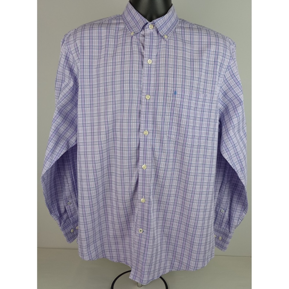 Izod Mens M Purple Blue White Plaid Button Up Long Sleeve Collared Dress Shirt